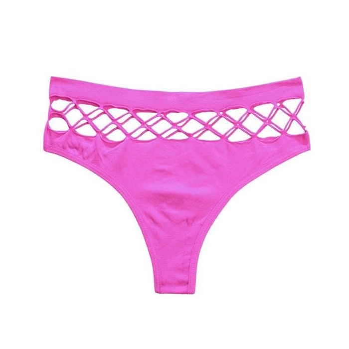 High Waist Elastic Thong Bikini, Neon Pink - Image 2