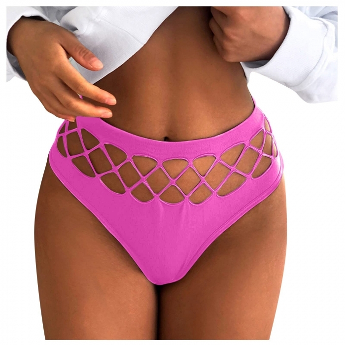 High Waist Elastic Thong Bikini, Neon Pink