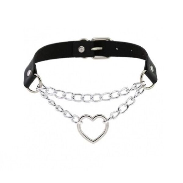 Fetish Love Metal Heart Necklace, Ecological Leather, Black