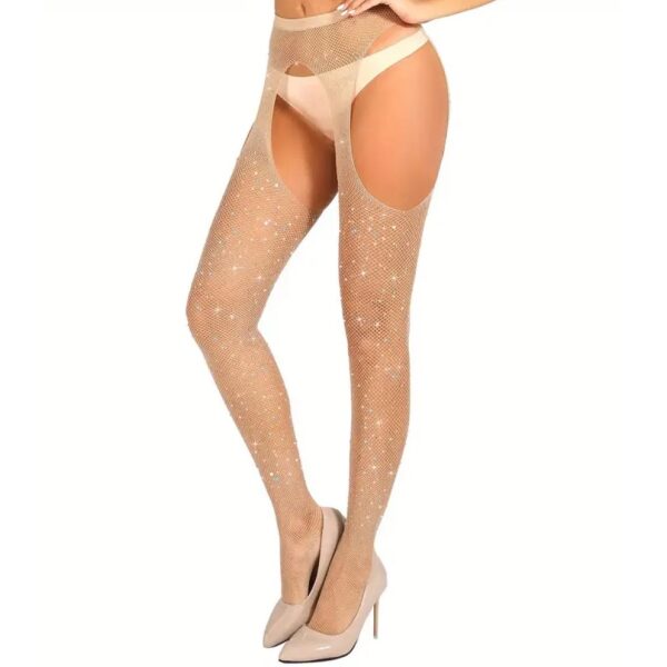 Crotchless Stockings With Rhinestones Beige - S/M