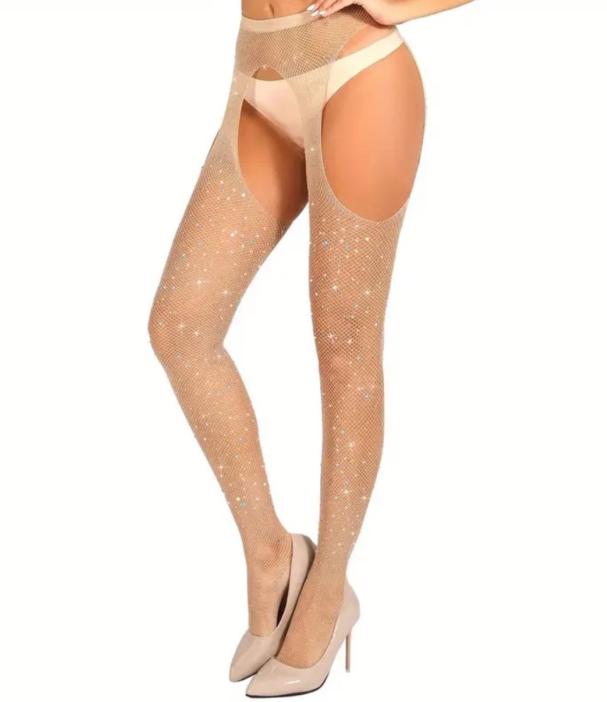 Crotchless Stockings With Rhinestones Beige - S/M