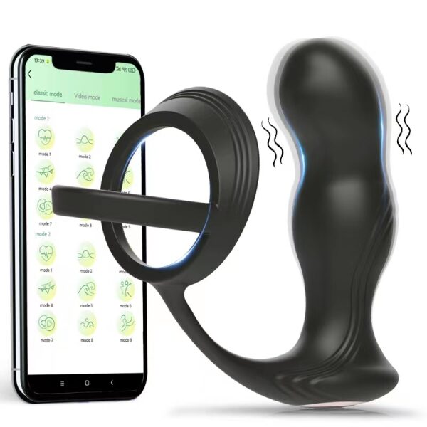Anal Play Silicone Prostate Stimulator with Penis Ring, Bluetooth Control, Free App, 10 Vibe Modes, USB Rechargeable -Black