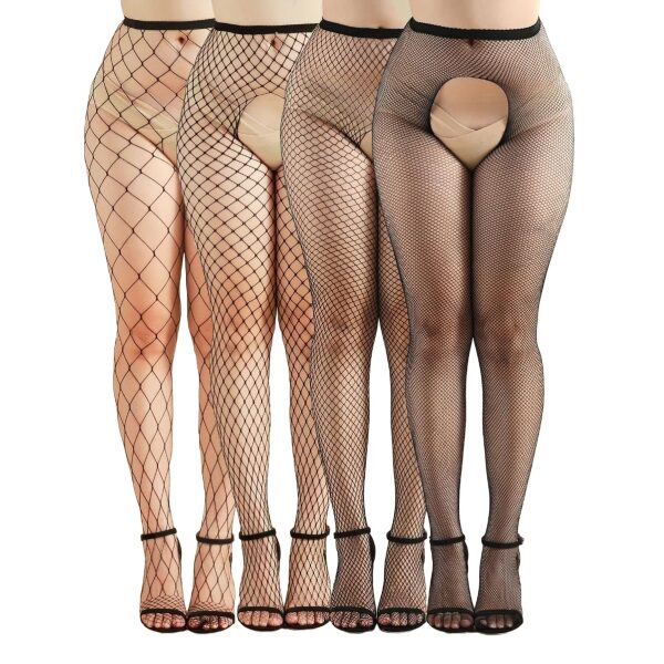 Set of 4 Mesh Crotchless Stockings, Black, S-L