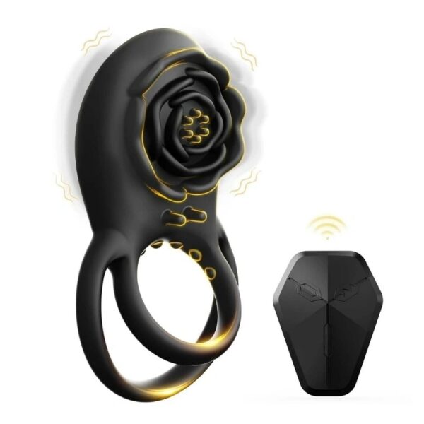 Black Beauty Double Silicone Penis Ring, Remote Control, USB Rechargeable, 8 Vibrating Modes