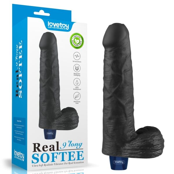9" REAL SOFTEE Rechargeable Vibrating Dildo - Black