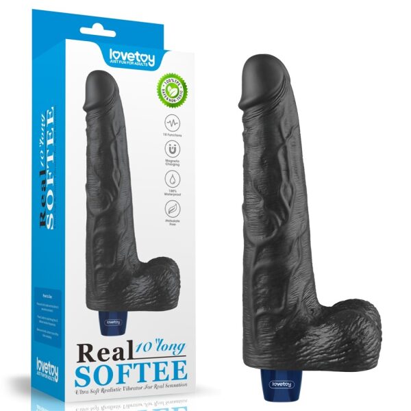 10" REAL SOFTEE Rechargeable Vibrating Dildo - Black