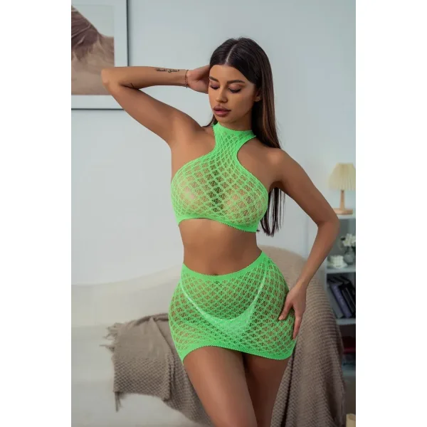 2 Piece Lingerie Set, Top and Skirt, Neon Green -S-L