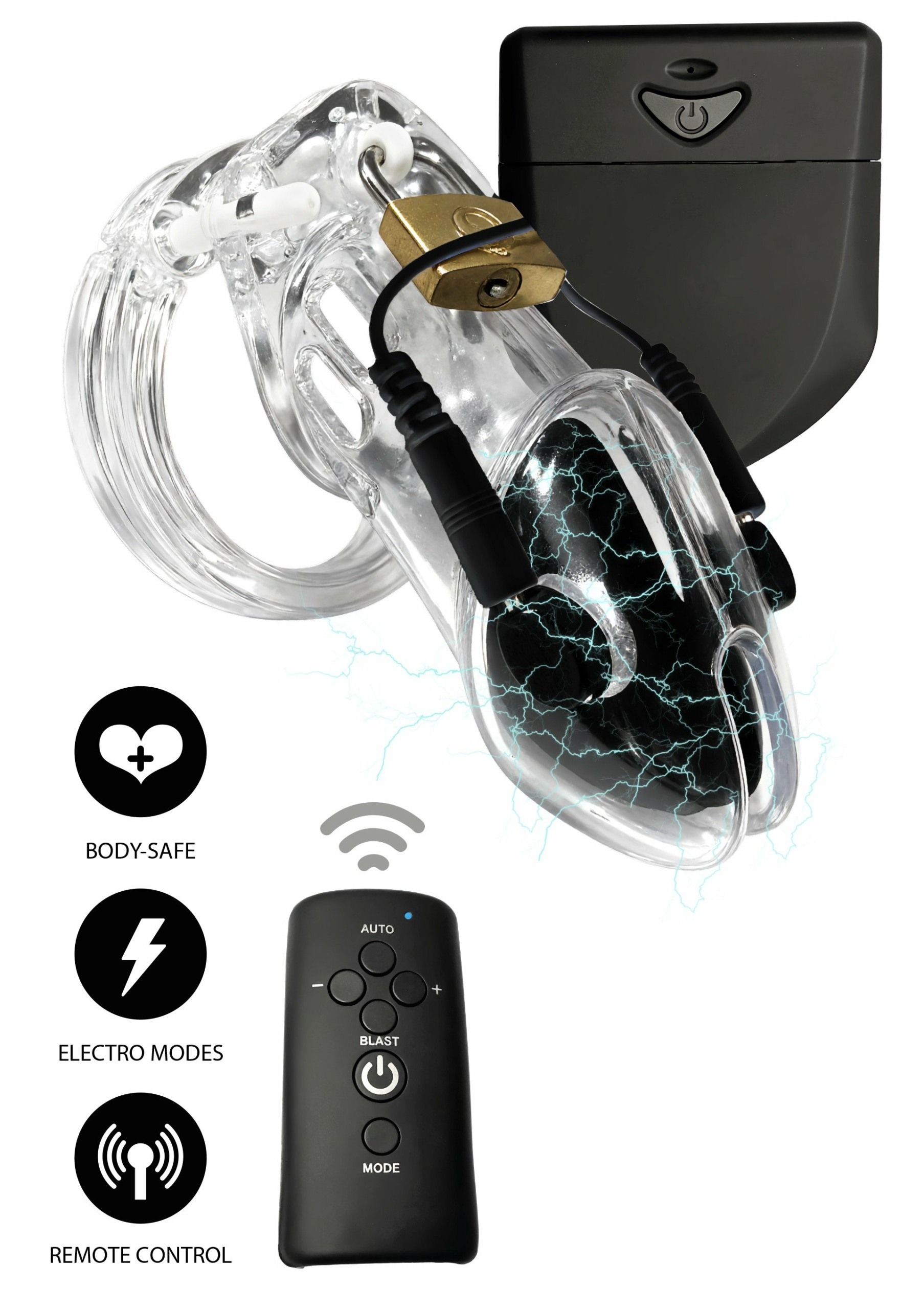 Electro Cock Cage, Remote Control W/ 5 Penis Rings - Clear