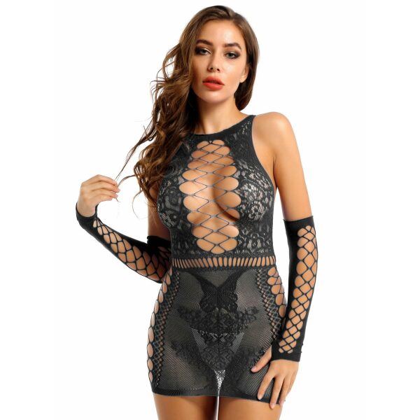 Spicy Mini Dress with Long Gloves, Black, S-L