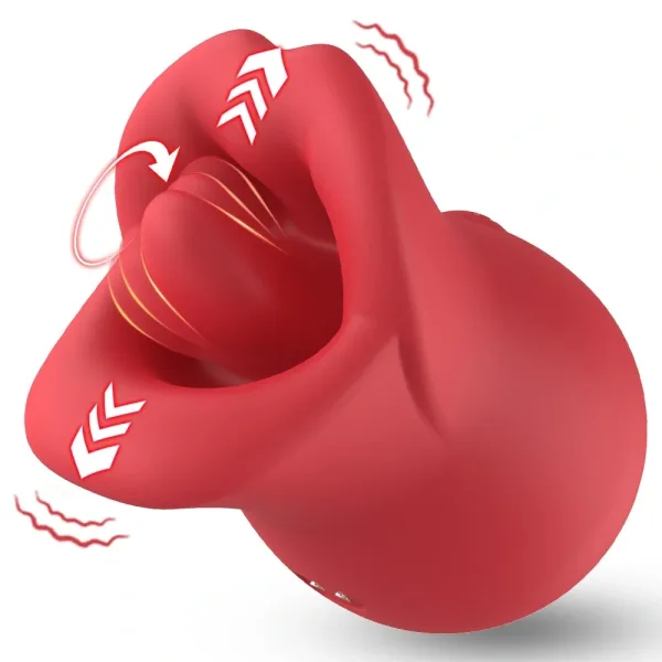 Vibrator Seductive Lips 3 in 1, Vibrating, Licking, Biting, Silicone, USB Magnetic, 9 cm - Red