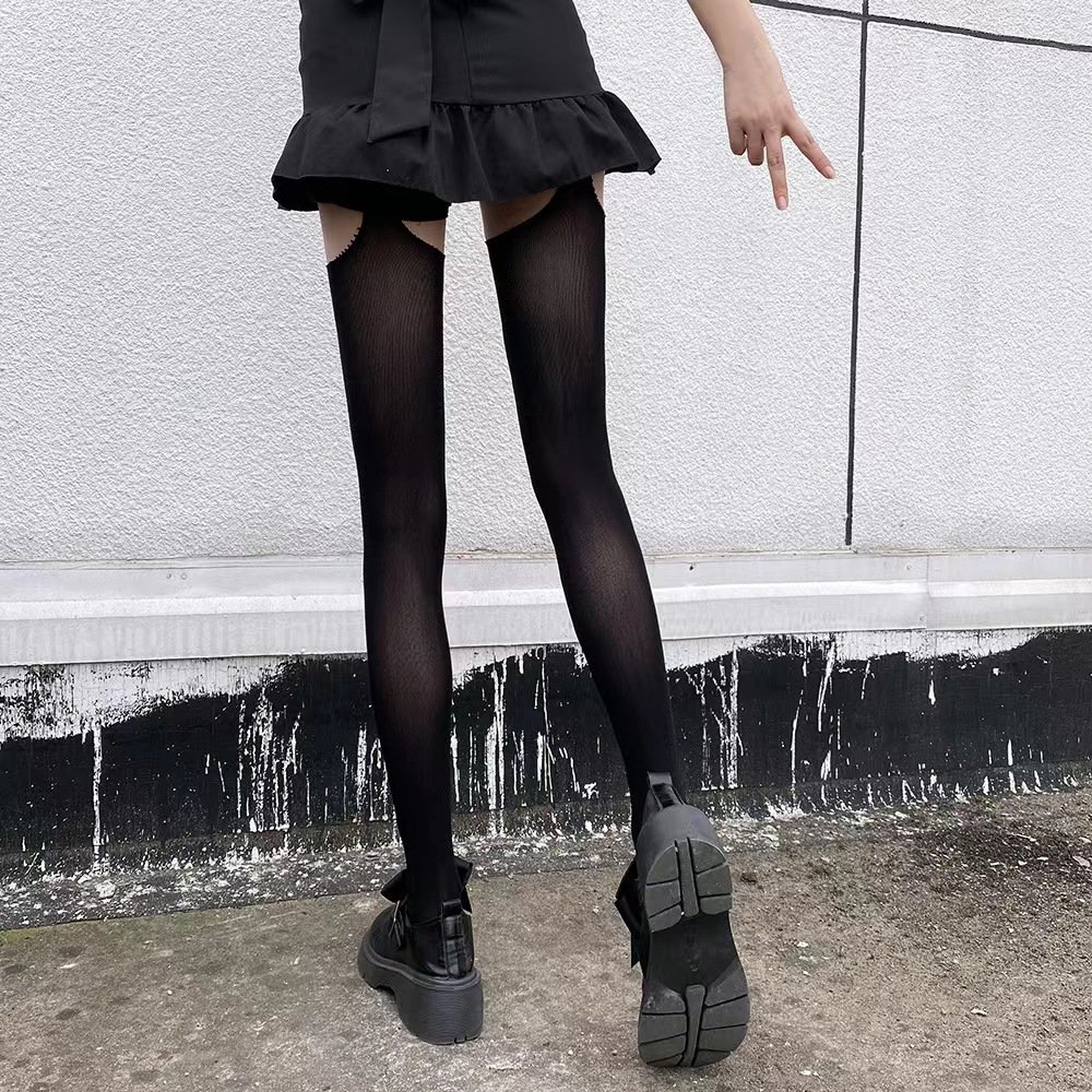 Fishnet Stockings with Garter Belt Effect, Black, S-L - Image 2
