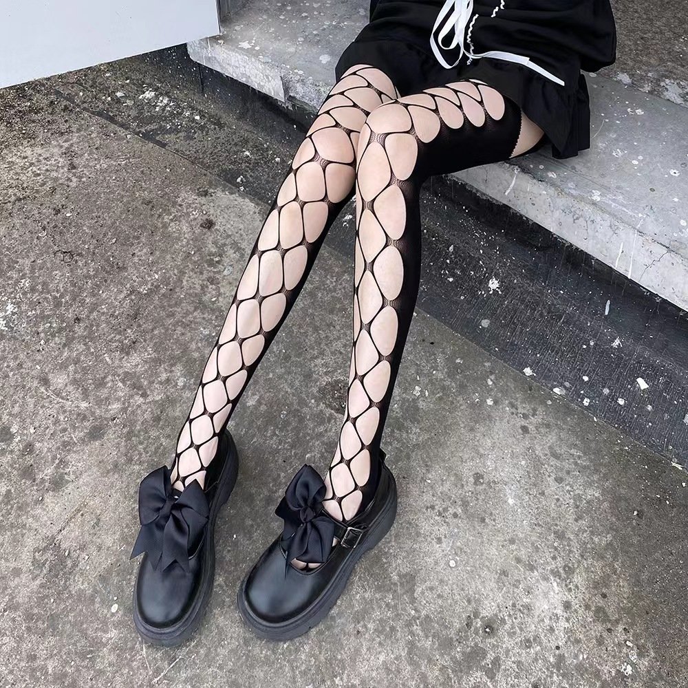 Fishnet Stockings with Garter Belt Effect, Black, S-L - Image 3