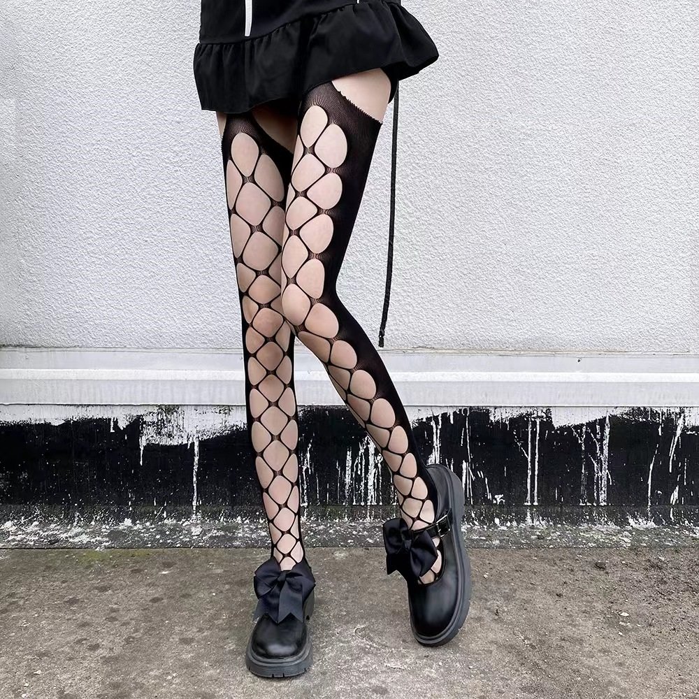 Fishnet Stockings with Garter Belt Effect, Black, S-L