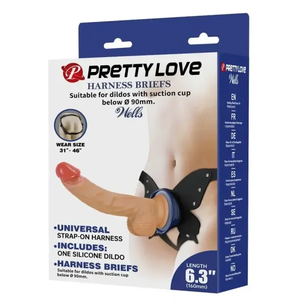 Pretty Love Wells Strap-on Harness Briefs, Suction Cup Attachment, Silicone Dildo, Natural, 20.6 cm