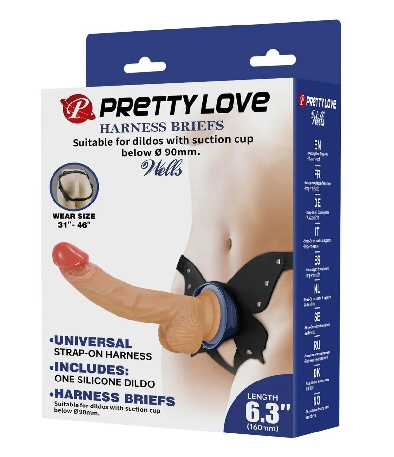 Pretty Love Wells Strap-on Harness Briefs, Suction Cup Attachment, Silicone Dildo, Natural, 20.6 cm
