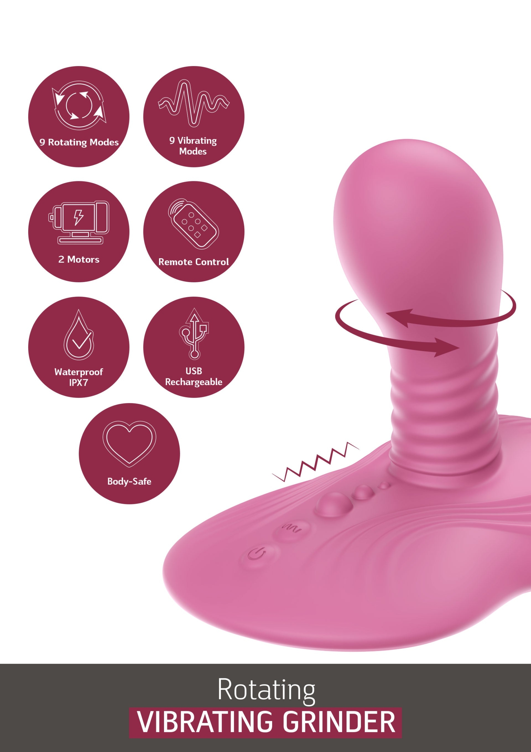 She.E.O Rotating Vibrating Grinder Rechargeable Silicone Wireless Vibrator - Pink - Image 2