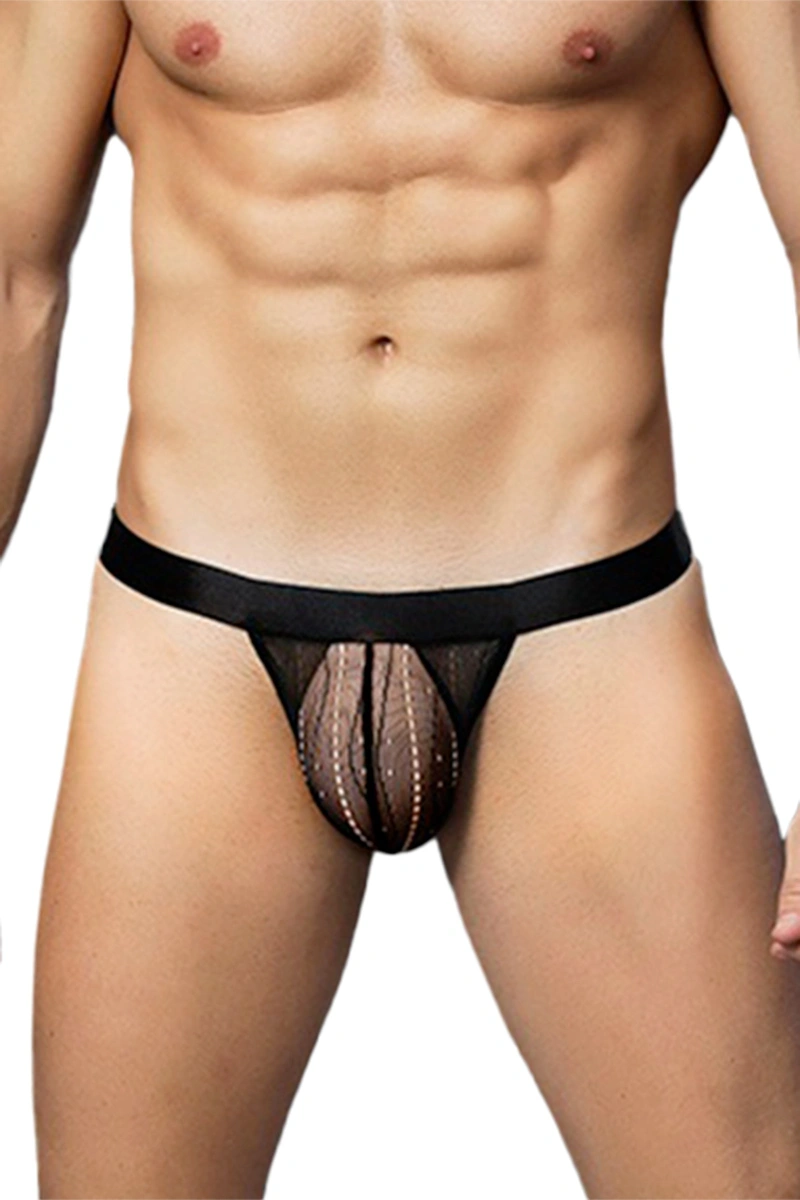 Men Thong Bikini, Transparent Mesh, Black, XL/XXL - Image 3