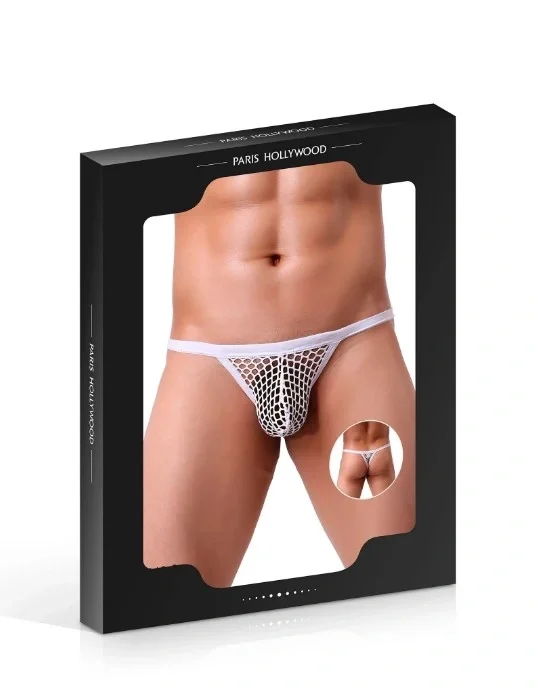 Men Thong Bikini, Transparent Mesh, White, M/L - Image 3